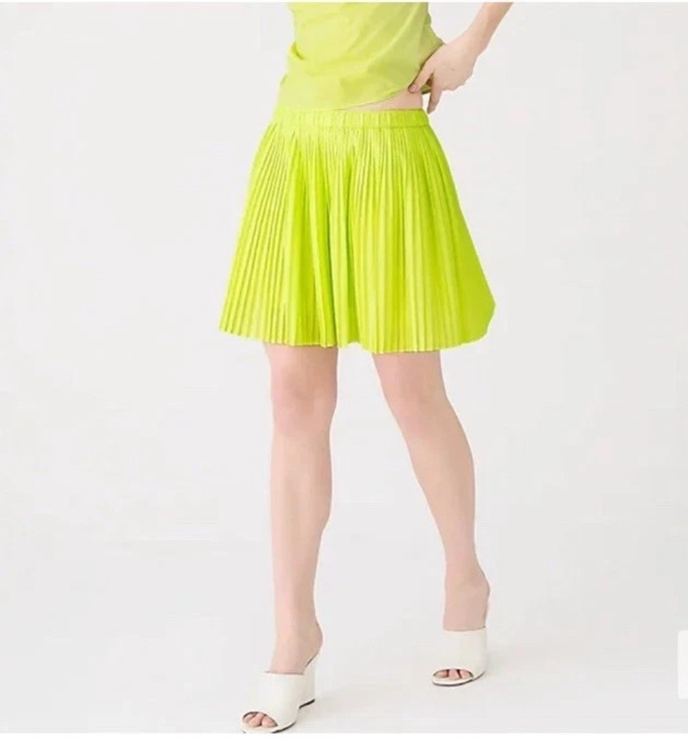 J.Crew Pleated Mini Skirt Womens M Neon Yellow Cotton Elastic Waist Lined BR521